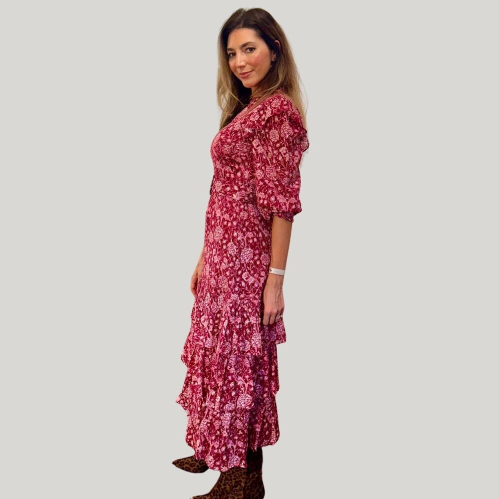 Renata Gasparian Wellesley Belted CC-Collar Dress — Green Multi Print, Size M - Picture 8 of 8